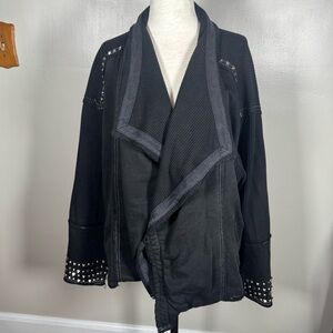 POL Boutique Sz L Black Metal Studded Moto Jacket Waffle Knit Oversized Cardigan